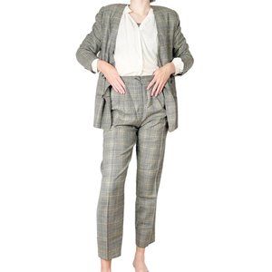 Vintage Houndstooth Plaid Matching Suit Set Pleated Trousers & Oversized Blazer